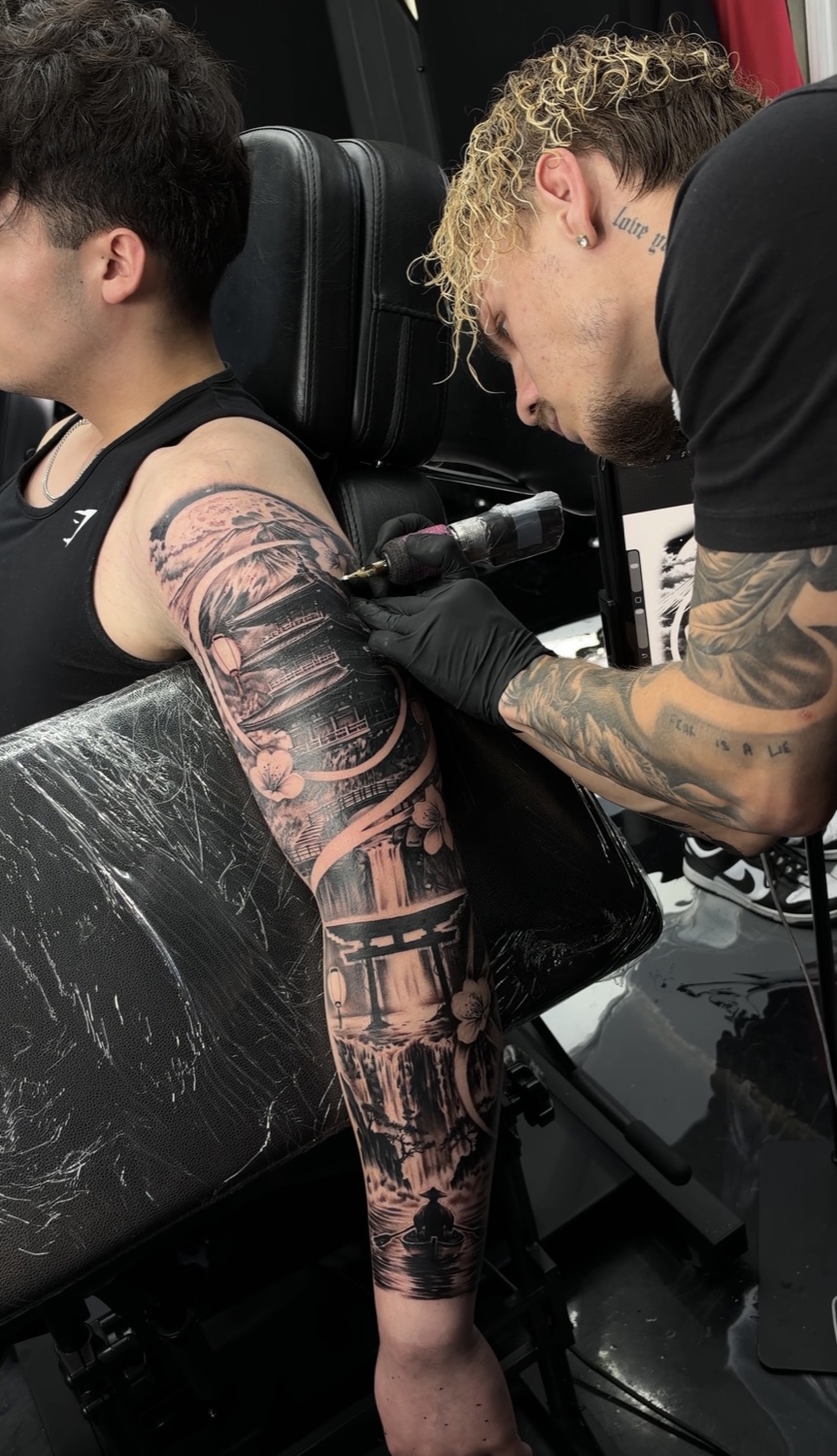 Jack working on a Japanese temple sleeve