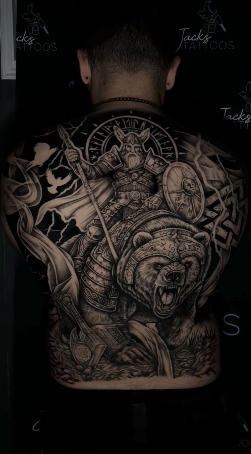 Black and grey Viking warrior and bear full back tattoo