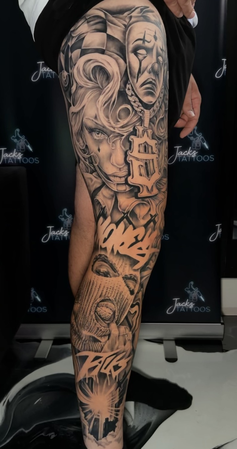 Black and grey Joker, Harley Quinn and graffiti full leg sleeve tattoo