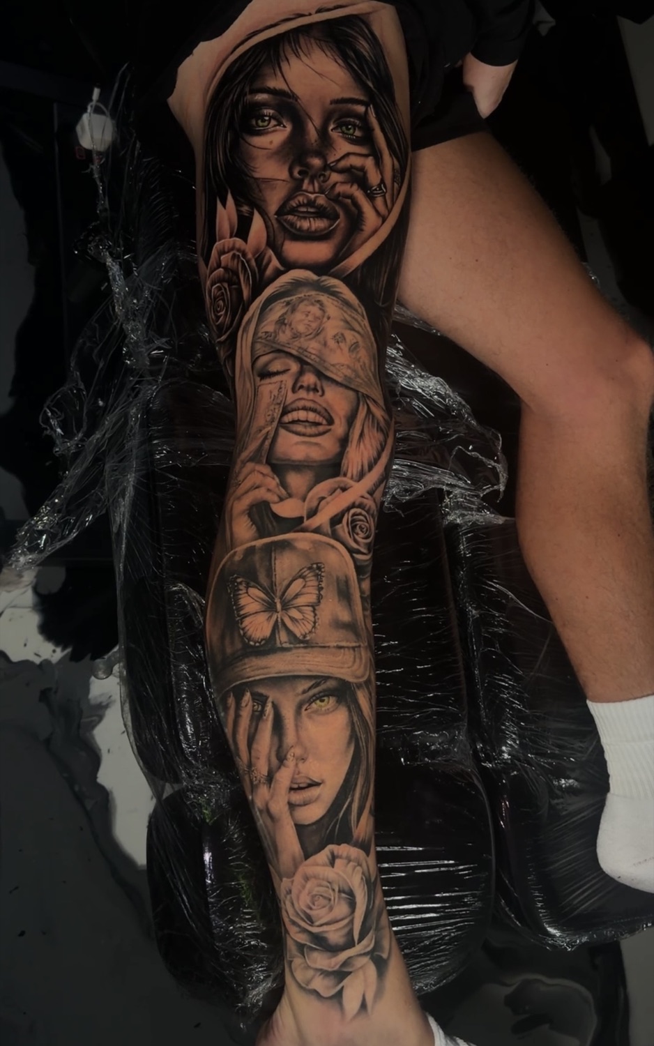 Black and grey chicano women portraits and roses full leg sleeve tattoo